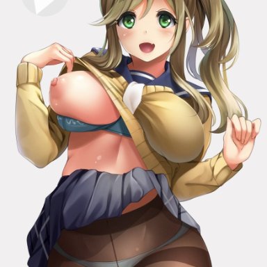 :d, blue bra, blue panties, blue sailor collar, blush, bra, bra pull, breasts, brown hair, brown legwear, brown sweater, clothes lift, covered navel, cowboy shot, eyebrows visible through hair