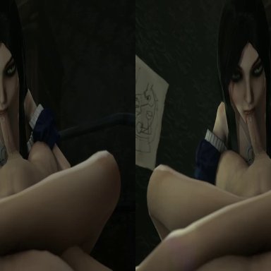 3d, alice, alice liddel, alice liddell, alice madness returns, animated, black hair, cum, cum in mouth, cum inside, cum on tongue, deepthroat, duo, faceless male, fellatio