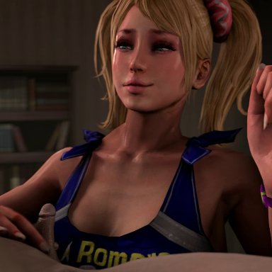 1boy, 1girl, 3d, animated, blonde hair, breasts, cheerleader, clothed female nude male, cum, cumshot, handjob, hetero, indoors, juliet starling, lollipop chainsaw