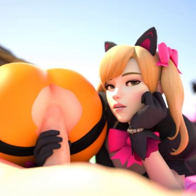 1boy, 2girls, 3d, alternate costume, animated, ass, black cat d.va, blender, blonde hair, cakeofcakes, d.va, erection, female, handjob, looking at viewer