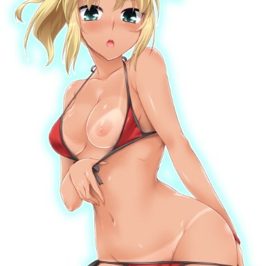 :o, bangs, bare arms, bare shoulders, bikini, bikini pull, bikini tan, black ribbon, blonde hair, blue background, blush, breasts, cameltoe, chestnut mouth, collarbone