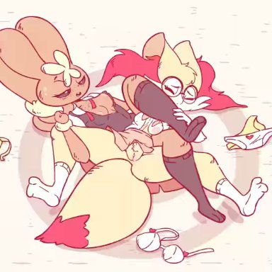 2girls, animated, anthro, areolae, blush, braixen, breasts, diives, female, female only, furry, lopunny, nipples, no sound, pokemon