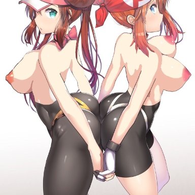 2girls, ass, ass to ass, back to back, bandana, big ass, big breasts, bike shorts, blue eyes, breasts, edit, female only, gloves, grey background, hat