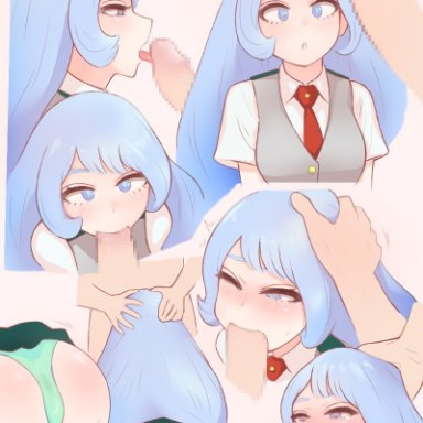 :o, /\/\/\, ass, blue eyes, blue hair, blue panties, blush, censored, dress shirt, fellatio, green skirt, hadou nejire, hand on another's head, licking penis, long hair