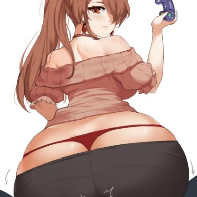 artist name, ass, assertive, bare shoulders, black pants, blush, breasts, brown eyes, brown hair, buttjob, character request, controller, curvy, earrings, erection