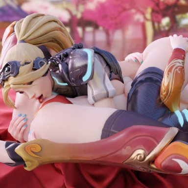 2girls, 3d, absurdres, alternate costume, arhoangel, ass, blonde hair, cunnilingus, female, female only, highres, mercy, nova (starcraft), nova widowmaker, oral