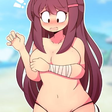 2018, absurdres, arm over breasts, arms, bandage, bandaged arm, bangs, bare midriff, bare shoulders, beach, bikini, blush, breasts, color, covered breasts