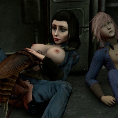 2boys, 2girls, animated, ass, bestiality, big breasts, bioshock infinite, bouncing breasts, breasts, breasts outside, brown hair, crossover, eclair farron, elizabeth, fallout