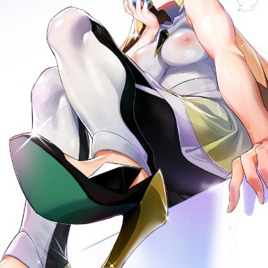 1girl, aether foundation, armpit hair, ass, bare shoulders, beast ball, blonde hair, blush, breasts, clothed, eyelashes, female, female only, from below, green eyes