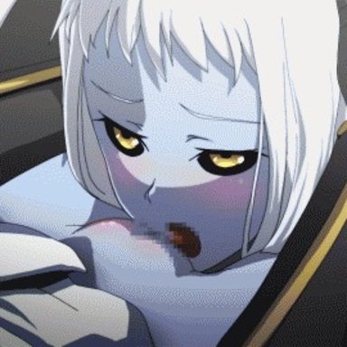 ahoge, animated, autocunnilingus, black sclera, blue skin, blush, bouncing breasts, breasts, censored, close-up, crying, cunnilingus, disembodied head, dullahan, female