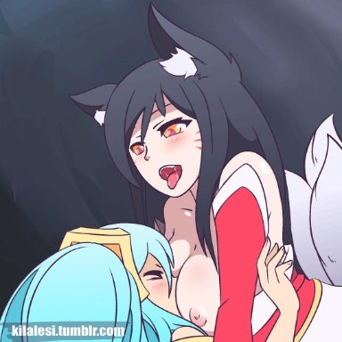 > <, 2girls, ahri, animated, black hair, blue hair, blush, breast smother, breasts, kilalesi, large breasts, league of legends, multiple girls, naughty face, nipples