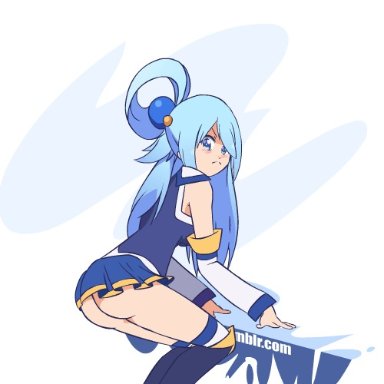 animated, aqua (konosuba), ass, female, female only, kilalesi, kono subarashii sekai ni shukufuku wo!, looking at viewer, looking back, pussy, skirt, thighhighs, upskirt