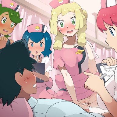 1boy, 4girls, alternate hairstyle, being watched, black hair, blonde hair, blue eyes, blue hair, blush, boris (noborhys), bottomless, braids, breasts, censor bar, censored