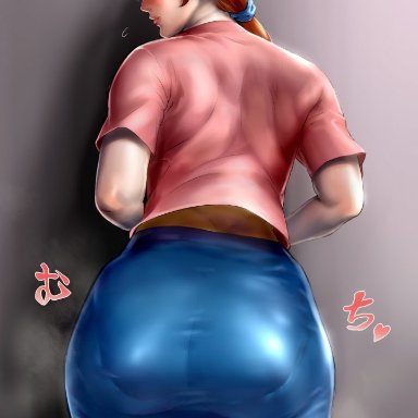 1girl, artist request, ass, back, big ass, blush, brown eyes, brown hair, clothed, delia ketchum, dressed, eyelashes, female, female only, grey background