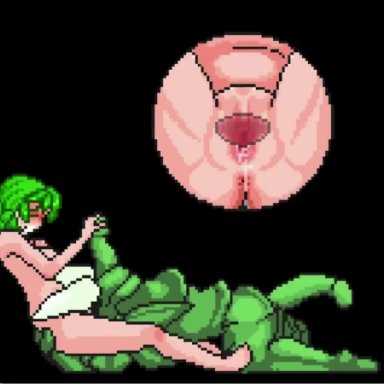 all fours, animated, anthophobia, ass, close-up, cunnilingus, defeated, forced orgasm, green hair, monster, nude, orgasm, pixel art, plant, pussy