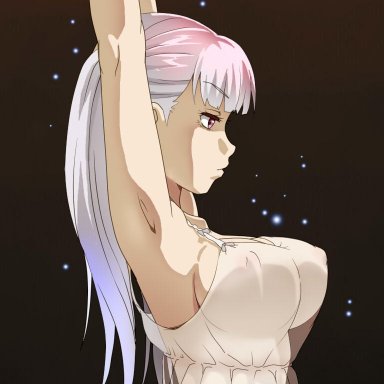 armpits, awa, black clover, breasts, closed mouth, dressing gown, female, large breasts, nipples, noelle silva, planet, purple eyes, silver hair, space, sparkle