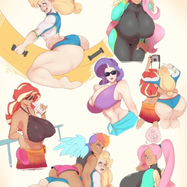 applejack (mlp), ass, big breasts, bikini, breasts, cleavage, female, female only, fluttershy (mlp), friendship is magic, huge ass, huge breasts, human, humanized, large breasts