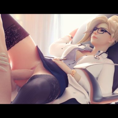 1boy, 1girl, 3d, angela zeigler, animated, audionoob, blizzard entertainment, blonde, cakeofcakes, doctor, female, glasses, mercy, moaning, overwatch