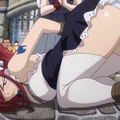 animated, ass, ass up, bent over, blue eyes, bondage, cleavage, domination, erza scarlet, fairy tail, femdom, hair over one eye, humiliation, long hair, maid