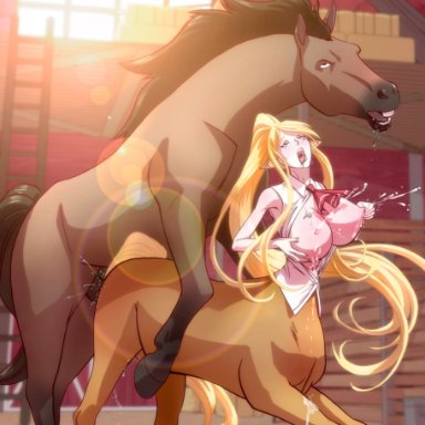 ahe gao, areolae, big breasts, breasts, centaur, centorea shianus, erection, female, from behind, horse, kaizen2582, lactation, large breasts, male, milk