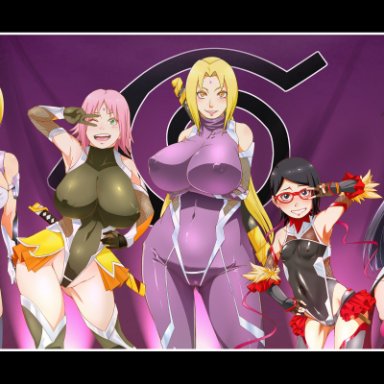 5girls, big breasts, black eyes, black hair, blonde hair, cameltoe, cosplay, erect nipples, female, female only, forehead mark, glasses, gold eyes, green eyes, hair over one eye