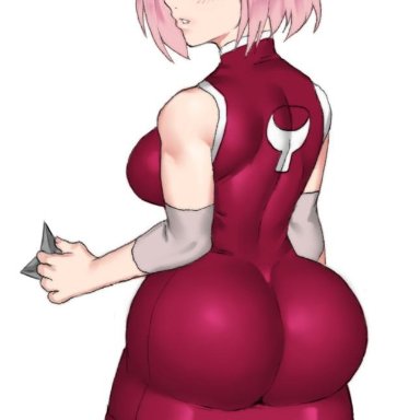 1girl, ass, big ass, blush, bubble butt, busty, female, female only, forehead mark, green eyes, huge ass, impossible clothes, jay-marvel, looking back, naruto