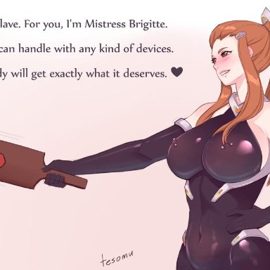 1girl, alternate costume, barefoot, big breasts, blush, bodysuit, bondage, brigitte, brown eyes, brown hair, elbow gloves, english, erect nipples, female, heart