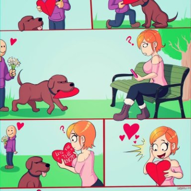 ?, 2boys, blush, bouquet, breasts, canine, clothed, clothing, comic, doggy style, female, flower, heart, knot, knotting