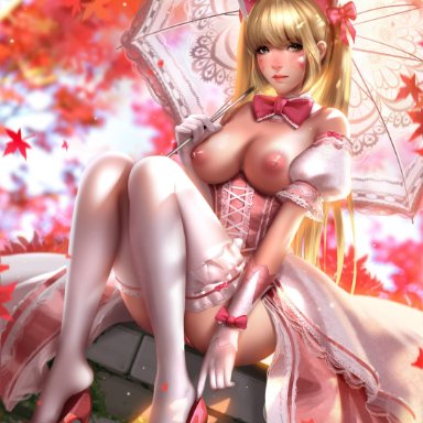 absurdres, areolae, big breasts, blonde hair, breasts, d.va, female, female only, highres, large breasts, liang xing, long hair, looking at viewer, nipples, overwatch