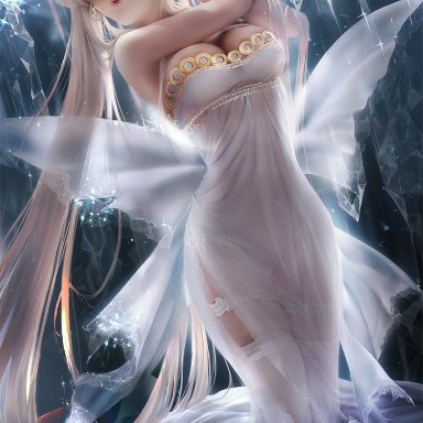 big breasts, bishoujo senshi sailor moon, blonde hair, blue eyes, breasts, cleavage, female, female only, large breasts, looking at viewer, neo queen serenity, panties, sakimichan, see-through, solo