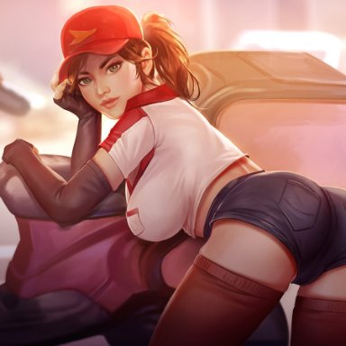 alternate costume, ass, big breasts, breasts, cleavage, female, female only, firolian, large breasts, league of legends, looking at viewer, looking back, pizza delivery sivir, sivir, solo