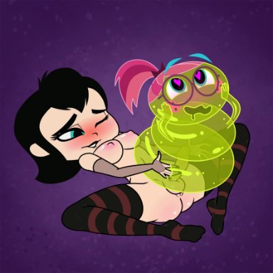 animated, black hair, blush, breasts, cum, cum inside, ejaculation, fangs, futanari, highwaytotartarus, hotel transylvania, mavis dracula, slime, sound, striped legwear