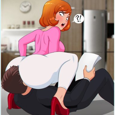 ass, chris hansen, comic, curvy, facesitting, female, male, shadman, speech bubble, squatting, tagme, tight clothes