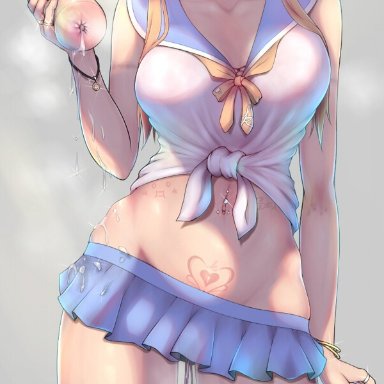 artificial vagina, bare arms, bell, bell collar, black collar, blonde hair, blue sailor collar, blue skirt, blush, bracelet, breasts, breath, character request, chinese commentary, collar