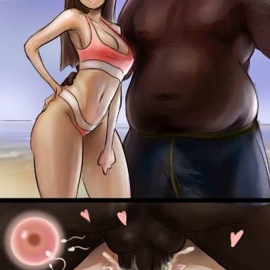 1 boy, 1 girl, annoyed, bbc, beach, bikini, blackingyourwaifu, brown hair, cross section, dark, dark skin, dark-skinned male, impregnation, instant loss 2koma, interracial