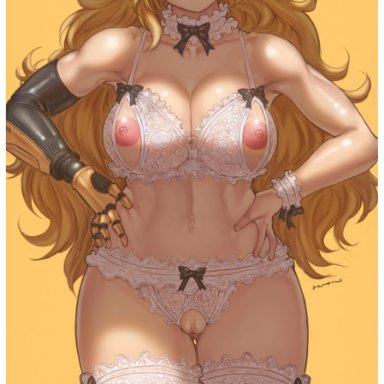 areolae, big breasts, blonde hair, blush, breasts, choker, cleavage, crotchless panties, female, highres, kuon (kwonchanji), lace, lingerie, long hair, nipple cutout