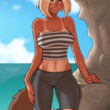 animal ears, bbc-chan, blonde hair, castania, clothed, green eyes, monster girl, sea, solo, tail, tan, tan lines, wolf ears, wolf girl, wolf tail