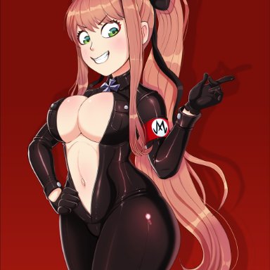 big breasts, bodysuit, breasts, cleavage, doki doki literature club, female, female only, large breasts, latex, monika (doki doki literature club), open clothes, shadman, solo