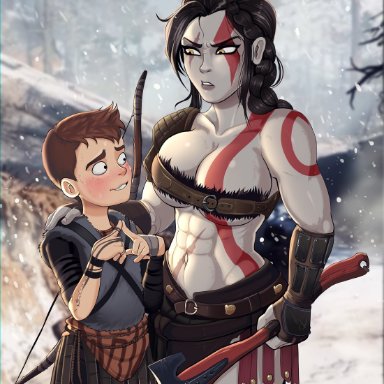 age difference, atreus, cleavage, female, god of war, kratos, large breasts, male, mother and son, rule 63, shadman, standing