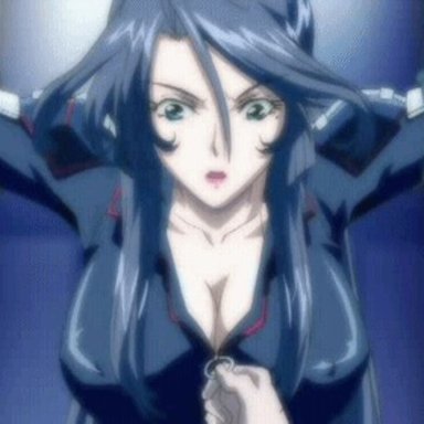 00s, 1boy, animated, assisted exposure, black bodysuit, black lilith, bodysuit, breasts, breasts outside, censored, cyan eyes, erect nipples, erect nipples under clothes, female, hentai