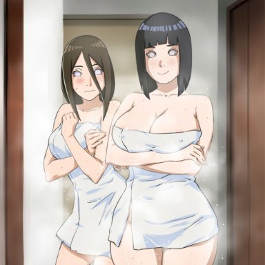 2018, 2girls, bare shoulders, big breasts, black hair, blush, boruto: naruto next generations, breasts, brown hair, collar, crossed arms, eyebrows, eyelashes, female, female only