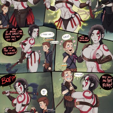 abs, age difference, atreus, axe, breasts, cleavage, comic, curvy, father and son, female, genderbent, god of war, kratos, large breasts, male