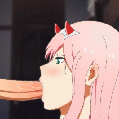 1boy, animated, aqua eyes, beldmi, blush, darling in the franxx, erection, eyeshadow, fellatio, female, hairband, half-closed eyes, horns, large penis, makeup