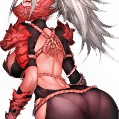 ass, bare back, breasts, commentary request, female, fumio (rsqkr), huge ass, large breasts, leaning forward, long hair, looking at viewer, looking back, mask, monster hunter, odogaron (armor)