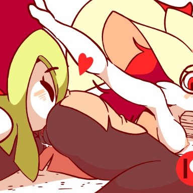 2girls, animated, anthro, ass, braixen, breasts, cunnilingus, diives, female, female only, from behind, furry, glasses, heart, interspecies