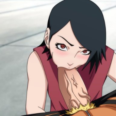 age difference, black hair, blonde hair, blush, boruto: naruto next generations, clothing, fellatio, fully clothed, naruto, oral, outdoors, outside, penis, pubes, pubic hair