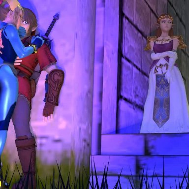 animated, cheating, cuckquean, hand over mouth, link, metroid, nintendo, no sound, princess zelda, samus aran, source filmmaker, tagme, the legend of zelda, thighjob, webm