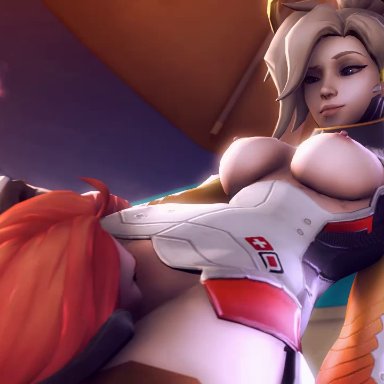 animated, blonde hair, breasts, cunnilingus, exposed breasts, exposed pussy, facesitting, female on top, female only, greatm8, hand on another's head, hand on head, mercy, moira, no sound