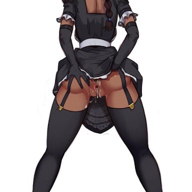 after anal, after vaginal, alternate costume, apron, ass, avatar (series), avatar: the last airbender, backboob, black choker, black gloves, black legwear, blue eyes, braid, breasts, brown hair