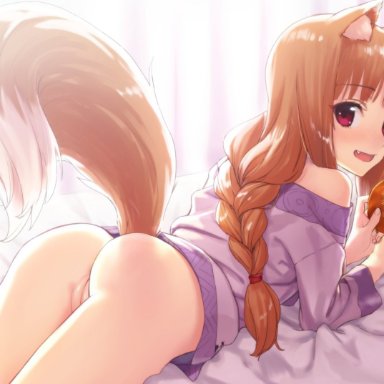 alternate hairstyle, animal ears, ass, bangs, bare shoulders, bed, bed sheet, blush, bottomless, braid, brown hair, comb, eyebrows visible through hair, female, from behind